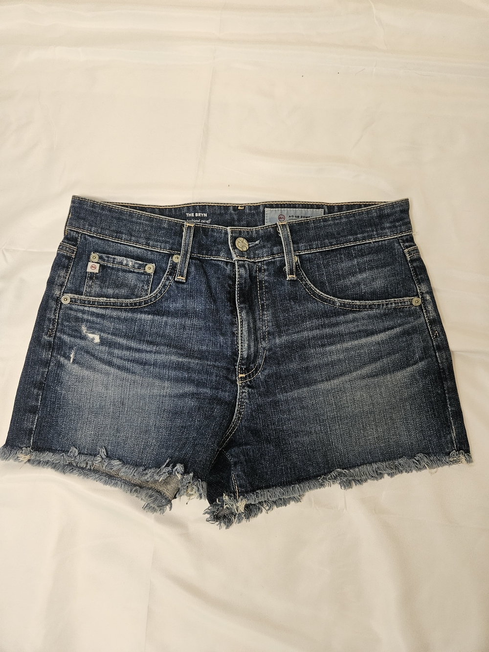 AG Adriano Goldschmied Dark Blue Denim Cutoff Jean Shorts with Frayed Hem
